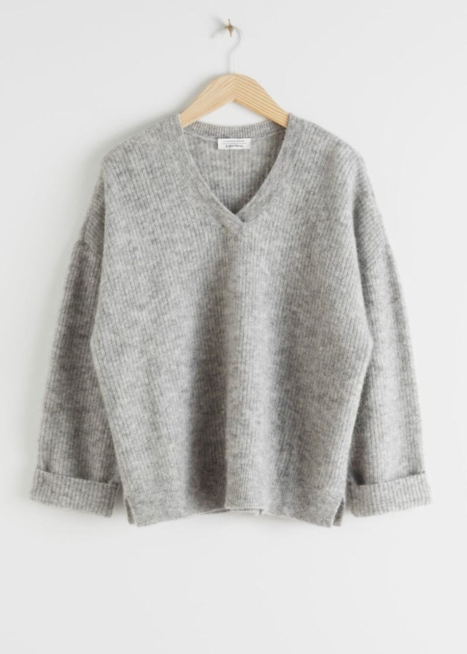 & Other Stories Oversized Alpaca Wool Ribbed V Neck Sweater Gray Small
